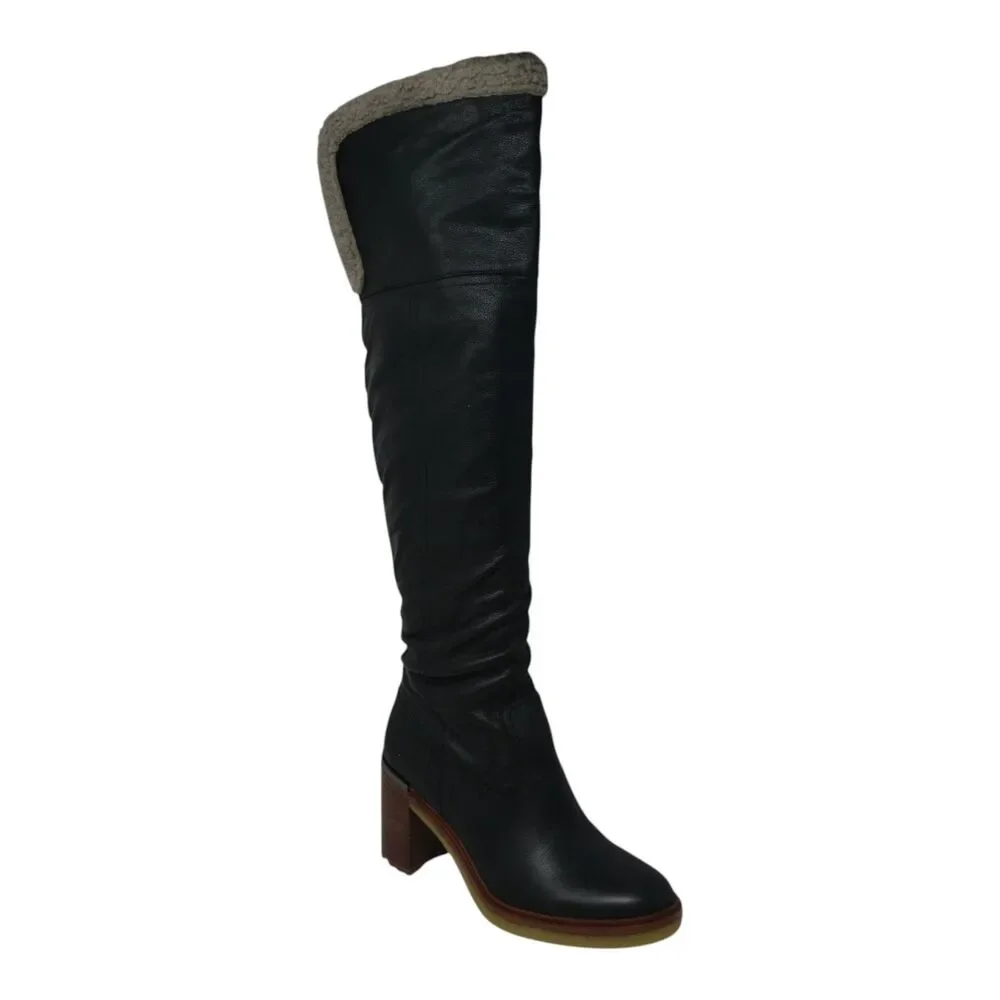 Vince Camuto Gambrel Black Leather Over The Knee Stacked Heel Boots Womens 8